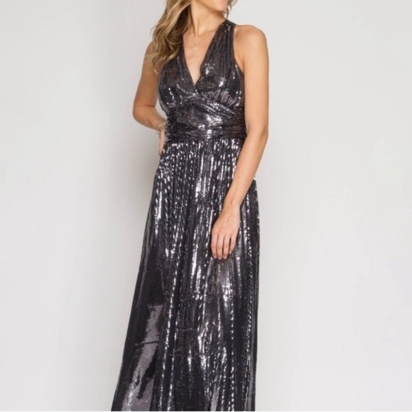 She + Sky Night Silver Sequin Low Cut V-neck Maxi Dress  Homecoming NYE Cruise S - Picture 1 of 13